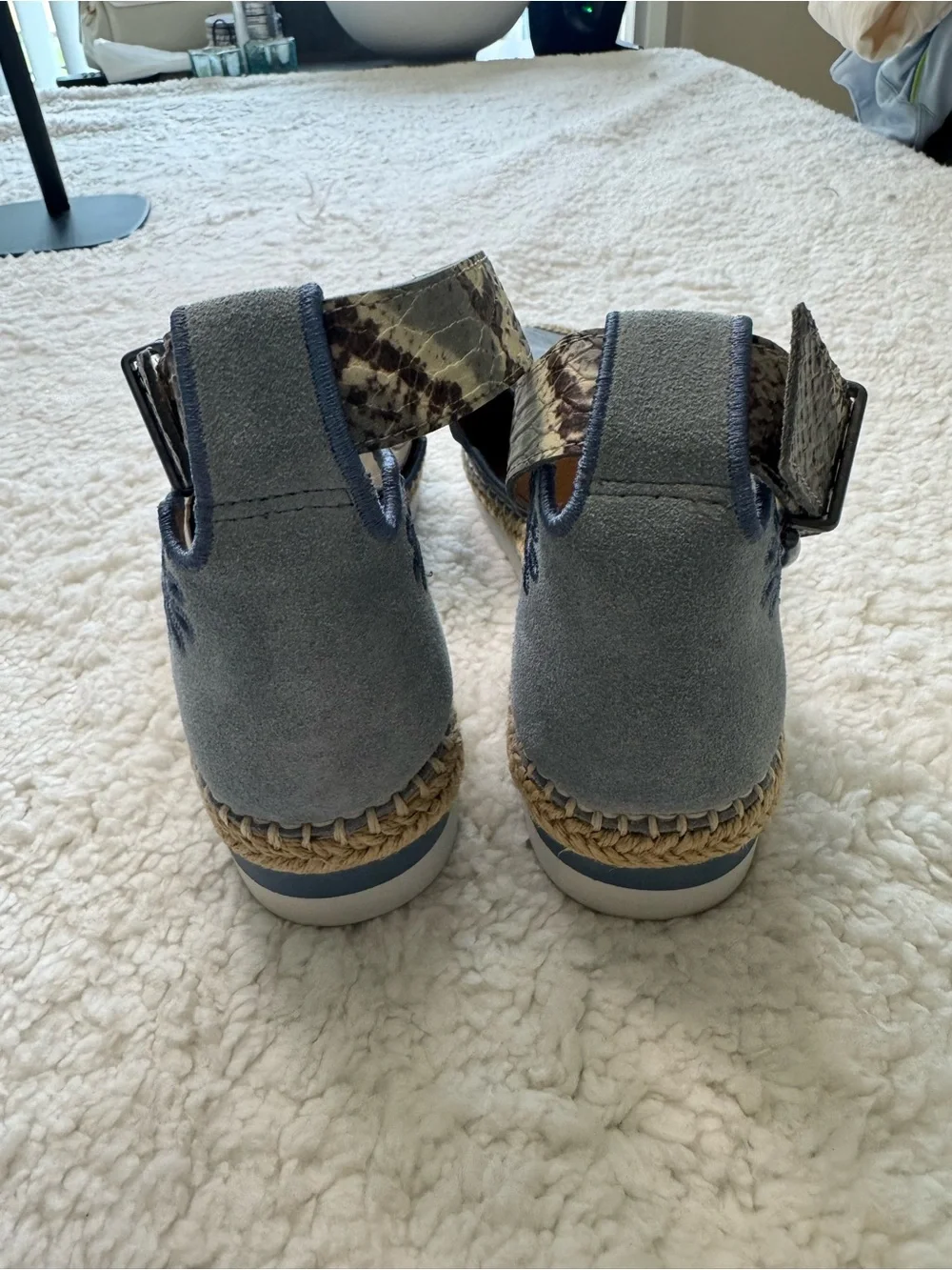 Crown Vintage Blue Denim Espadrille Ankle-Strap Wedges with Cowhide Accent
